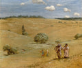 Pintura de Hans Thoma, Campo com Família, mostrando um casal e duas crianças caminhando por um campo vasto e ondulado sob um céu azul com nuvens brancas, com árvores e arbustos ao redor. Predominam tons de ocre, verde e azul.