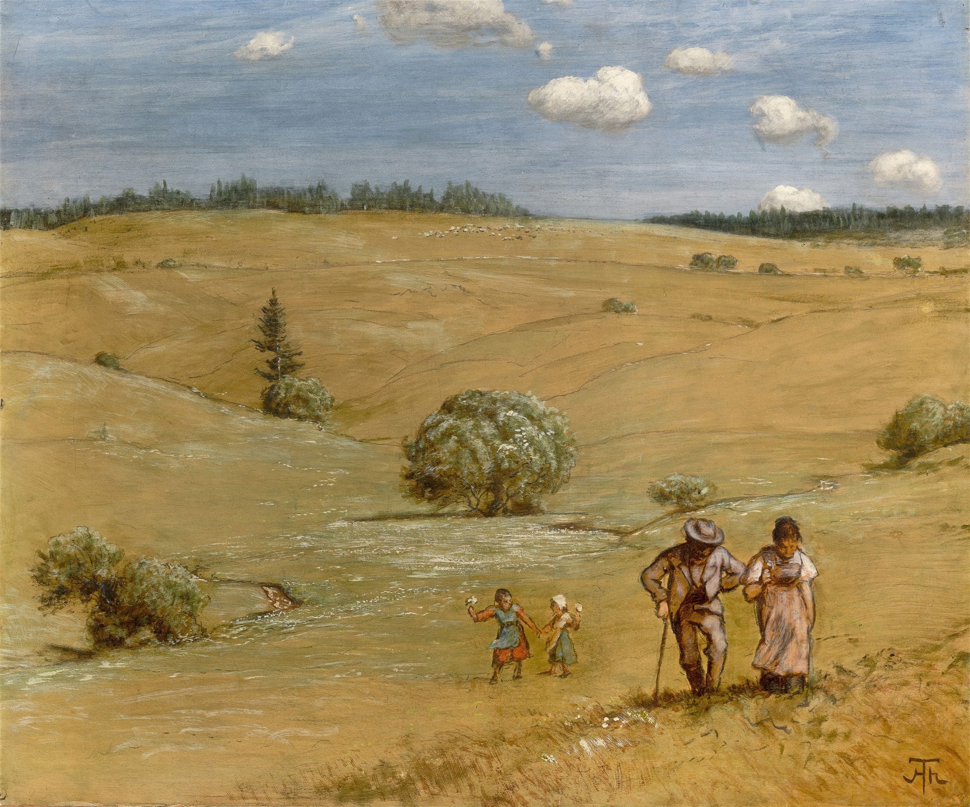 Pintura de Hans Thoma, Campo com Família, mostrando um casal e duas crianças caminhando por um campo vasto e ondulado sob um céu azul com nuvens brancas, com árvores e arbustos ao redor. Predominam tons de ocre, verde e azul.