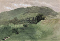 Uma pintura em aquarela de Hans Thoma mostrando uma paisagem montanhosa e verdejante sob um céu nublado, com árvores e um pequeno riacho.
