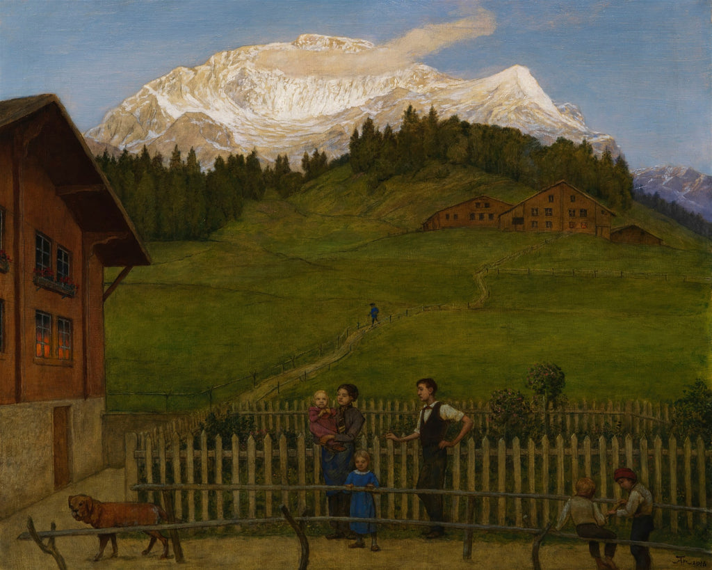 Uma pintura a óleo de Hans Thoma intitulada 'A Vida no Campo', mostrando uma família em primeiro plano, uma casa de madeira à esquerda, um caminho sinuoso e casas rurais em uma colina, com uma montanha majestosa e nevada ao fundo sob um céu azul.