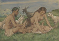Desenho pastel e guache de Hans Thoma, 'A Família de Sátiro', representando um sátiro e uma mulher nus com um bebê, rodeados por cabras em um campo verde com montanhas ao fundo.