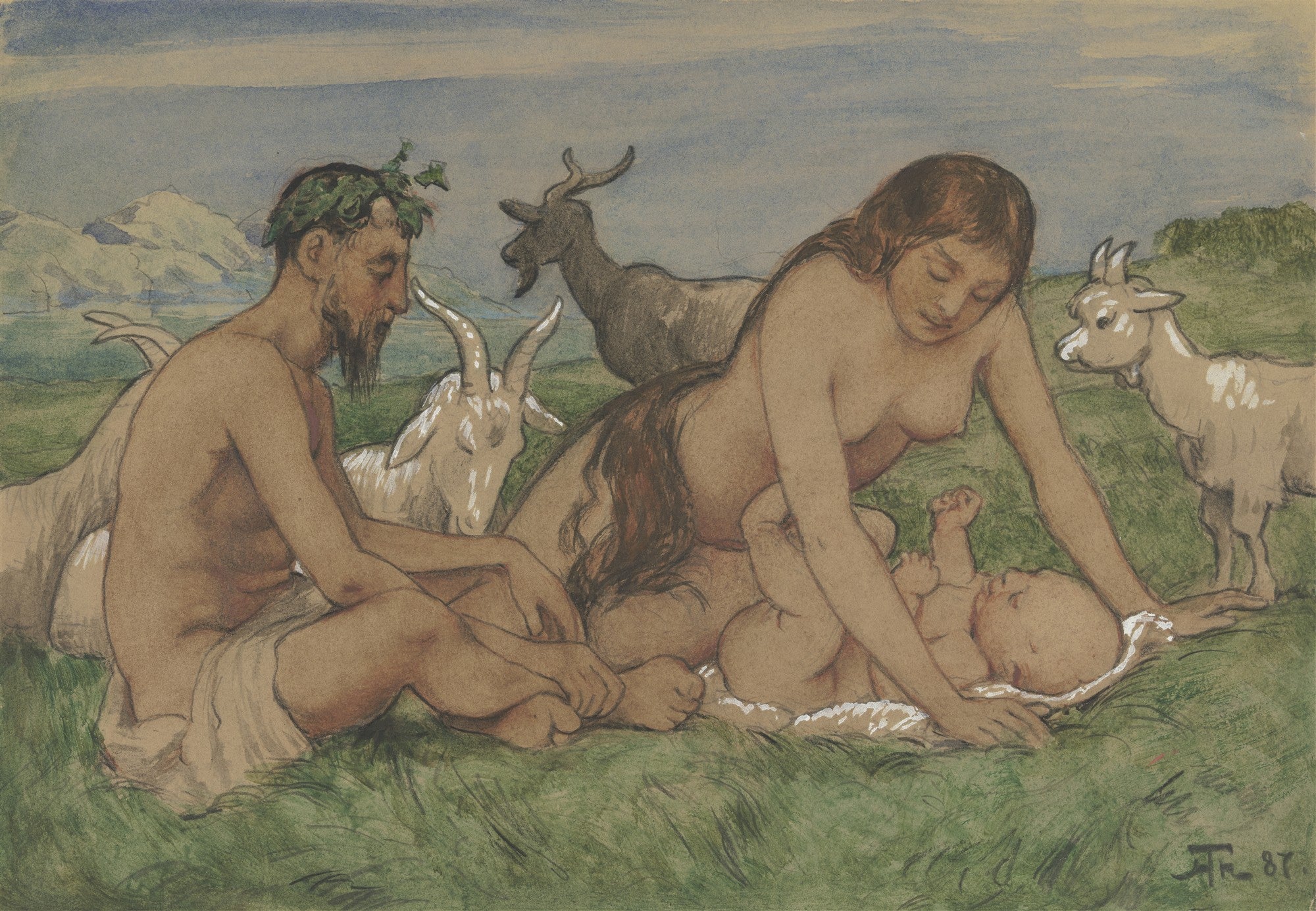 Desenho pastel e guache de Hans Thoma, 'A Família de Sátiro', representando um sátiro e uma mulher nus com um bebê, rodeados por cabras em um campo verde com montanhas ao fundo.