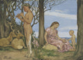Cena pastoral de Hans Thoma, com um fauno tocando flauta para corças, enquanto uma mulher e uma criança interagem sob as árvores.