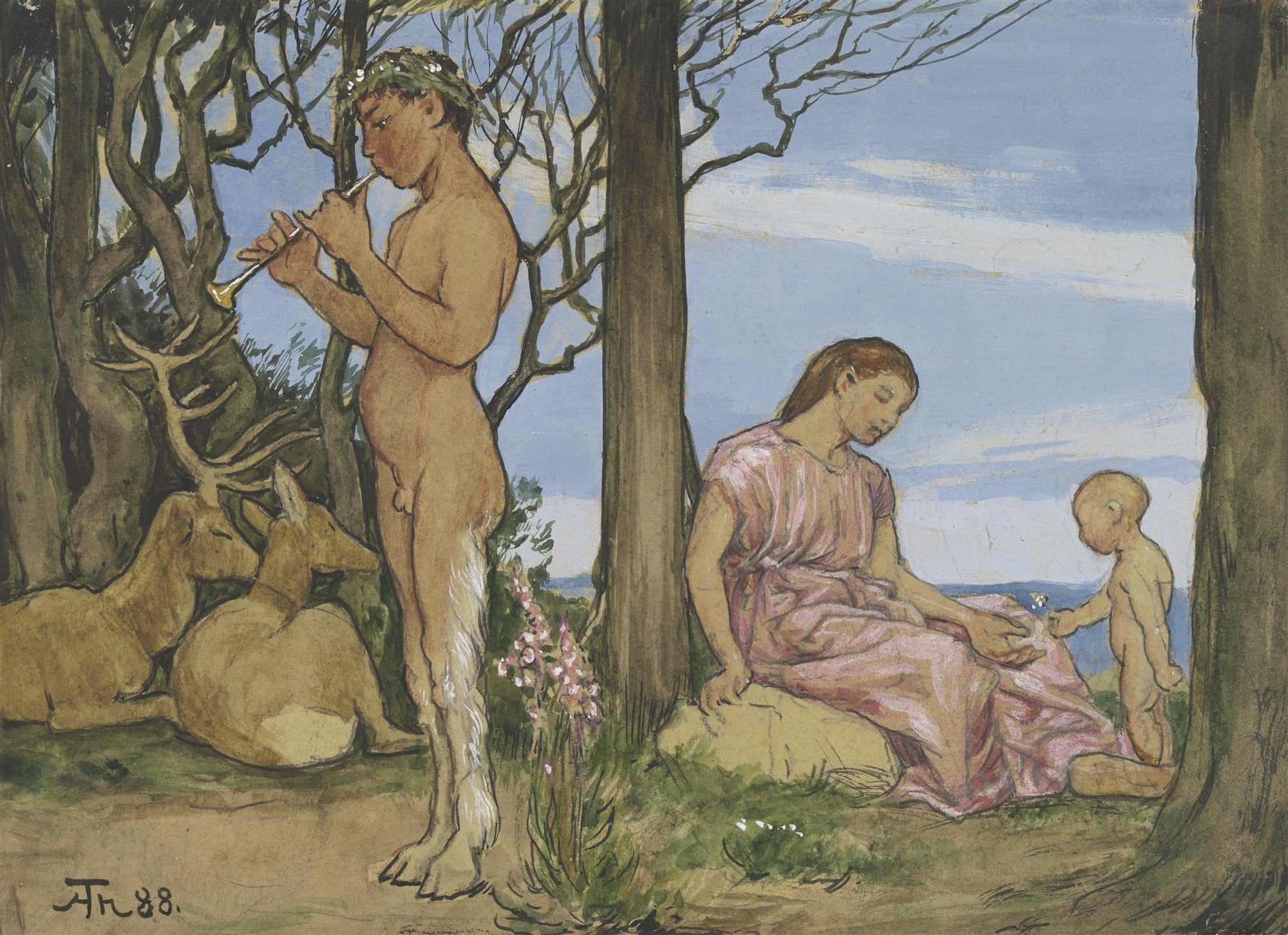 Cena pastoral de Hans Thoma, com um fauno tocando flauta para corças, enquanto uma mulher e uma criança interagem sob as árvores.