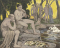 Quadro de Hans Thoma, 'Cena Pastoral com Flautista', com figuras nuas em paisagem campestre, cisnes na água e peixes na margem, em tons terrosos e dourados.