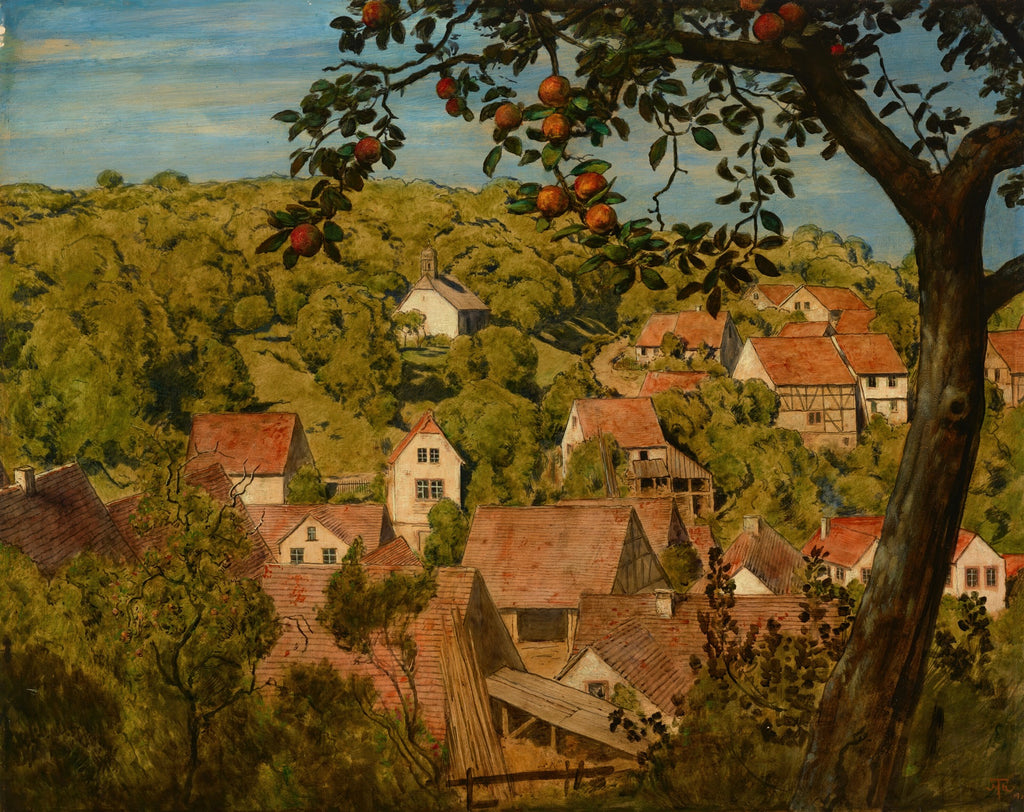 Pintura a óleo atribuída a Hans Thoma, retratando uma aldeia rural alemã vista de cima, com casas de telhado vermelho entre colinas verdes densamente arborizadas. Uma grande árvore com maçãs vermelhas em primeiro plano enquadra a cena à direita.