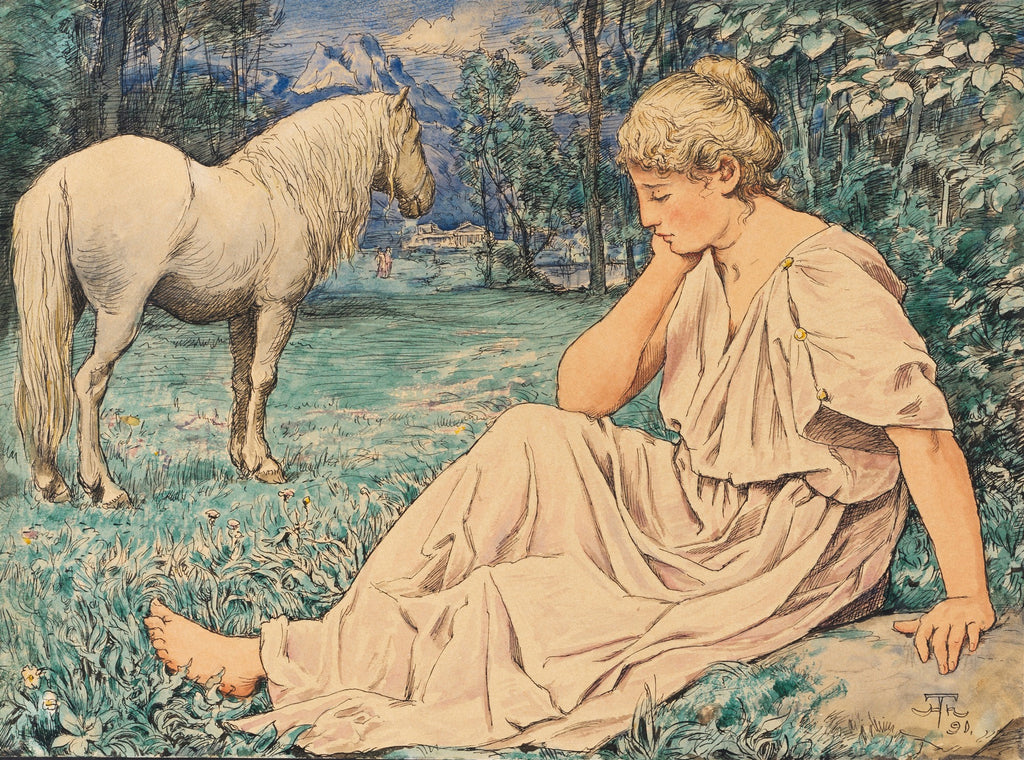 Quadro decorativo 'A Ninfa e o Cavalo' de Hans Thoma, com uma mulher sentada pensativa e um cavalo branco ao lado em uma paisagem verde com montanhas ao fundo.