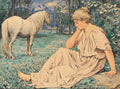 Quadro decorativo 'A Ninfa e o Cavalo' de Hans Thoma, com uma mulher sentada pensativa e um cavalo branco ao lado em uma paisagem verde com montanhas ao fundo.