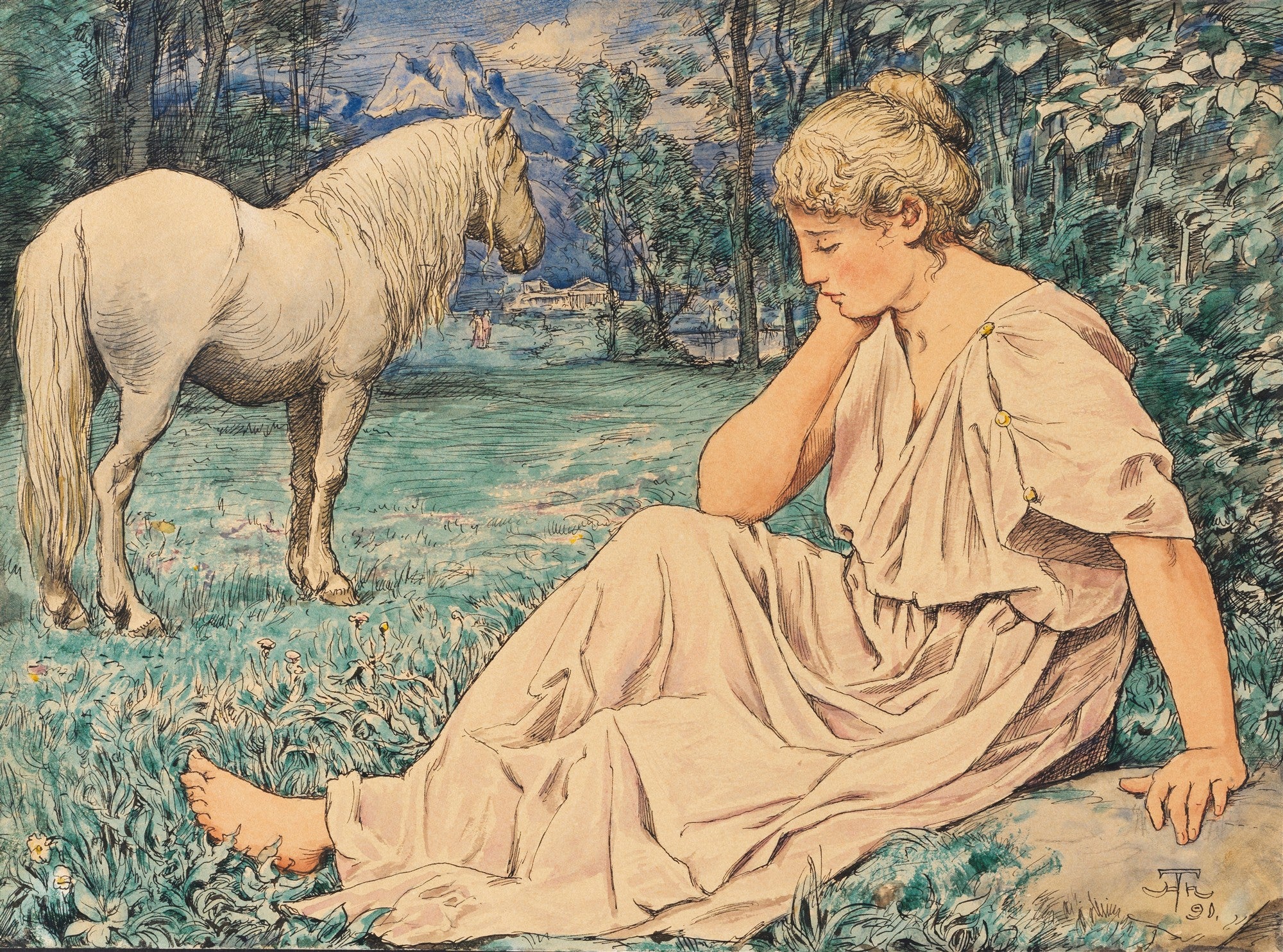 Quadro decorativo 'A Ninfa e o Cavalo' de Hans Thoma, com uma mulher sentada pensativa e um cavalo branco ao lado em uma paisagem verde com montanhas ao fundo.