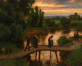 Pintura a óleo de Hans Thoma, 'Abend am See', retratando uma paisagem crepuscular com um lago, uma ponte de madeira, figuras humanas, um burro e cisnes. O céu é um degradê de tons alaranjados e rosados, refletindo na água escura. A vegetação densa em tons de verde e marrom emoldura a cena, criando uma atmosfera de calma e melancolia.