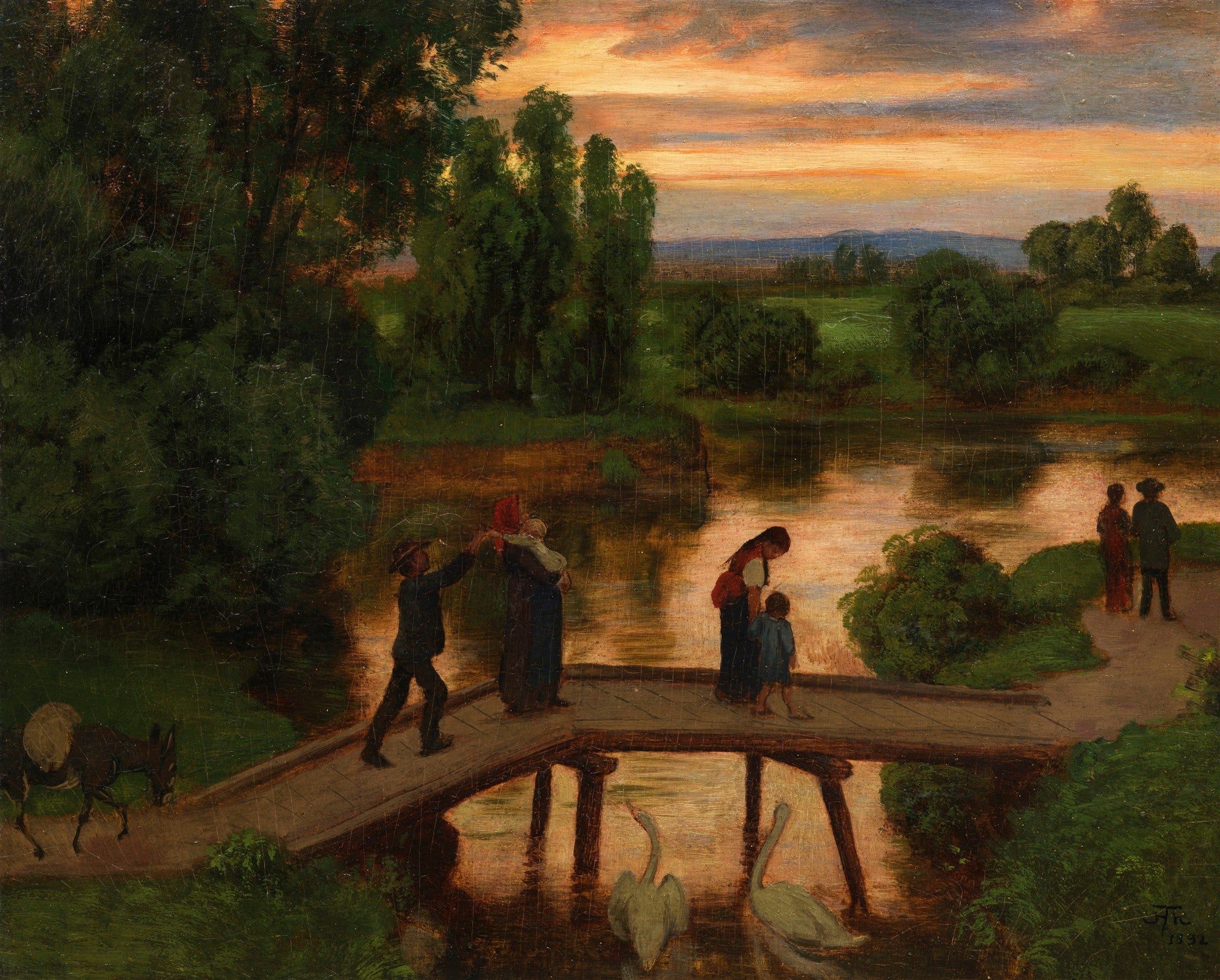 Pintura a óleo de Hans Thoma, 'Abend am See', retratando uma paisagem crepuscular com um lago, uma ponte de madeira, figuras humanas, um burro e cisnes. O céu é um degradê de tons alaranjados e rosados, refletindo na água escura. A vegetação densa em tons de verde e marrom emoldura a cena, criando uma atmosfera de calma e melancolia.
