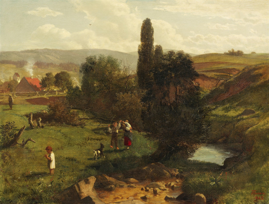 Pintura a óleo de Hans Thoma, representando uma cena rural com colinas verdejantes, um riacho, árvores frondosas, e figuras humanas interagindo na paisagem. Ao fundo, casas rústicas com telhados vermelhos e fumaça saindo de uma chaminé.