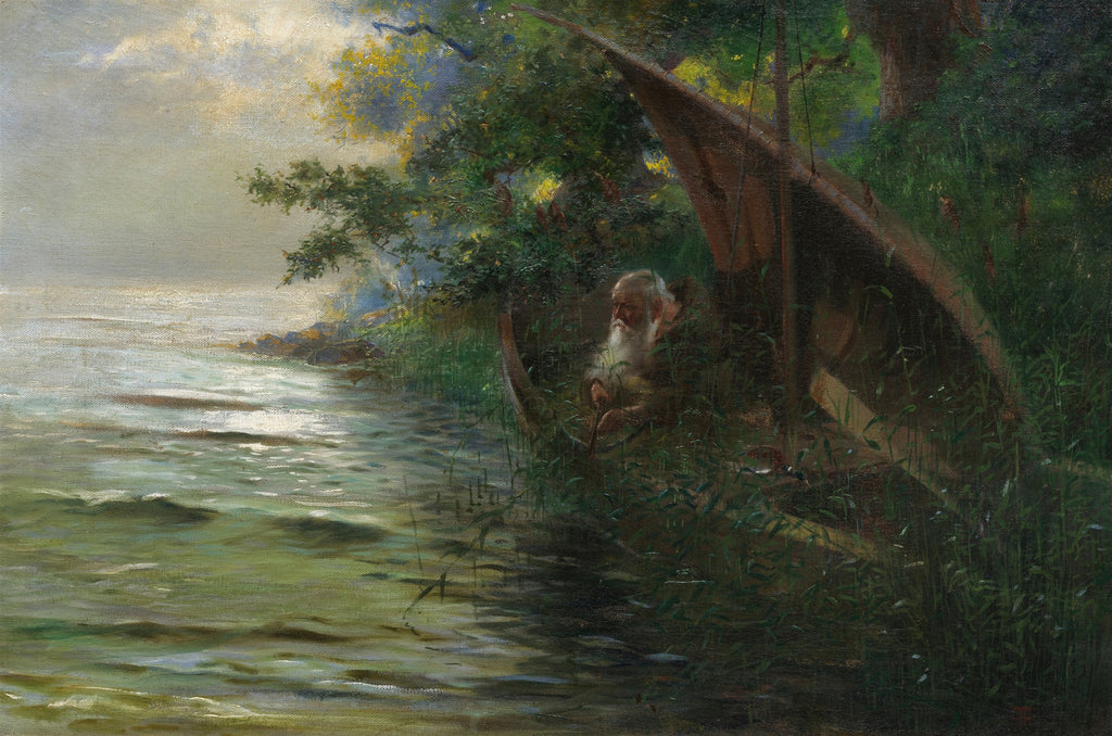 Pintura de Hans Thoma, 'O Eremita no Barco', mostrando um homem idoso barbudo em um pequeno barco escondido entre a vegetação densa na margem de um lago ou rio, com águas calmas e luz suave no horizonte.