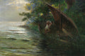 Pintura de Hans Thoma, 'O Eremita no Barco', mostrando um homem idoso barbudo em um pequeno barco escondido entre a vegetação densa na margem de um lago ou rio, com águas calmas e luz suave no horizonte.