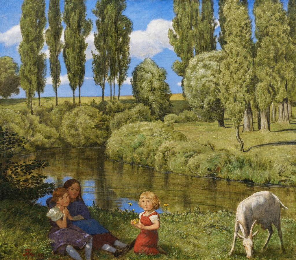 Quadro de Hans Thoma mostrando três crianças à beira de um rio, com um bode branco pastando na grama. O cenário é de uma paisagem verde exuberante, com árvores altas e um céu azul com nuvens brancas.