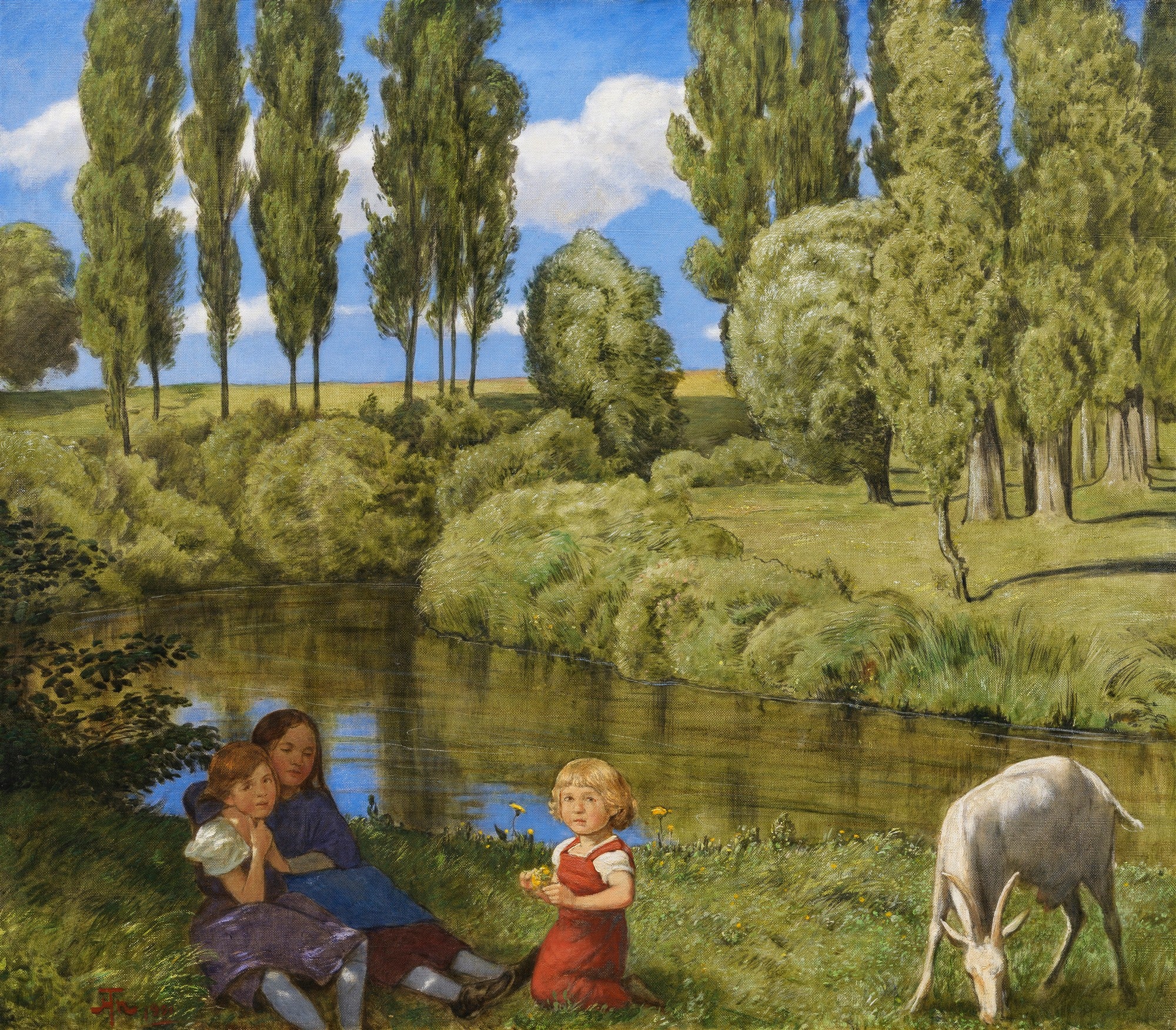Quadro de Hans Thoma mostrando três crianças à beira de um rio, com um bode branco pastando na grama. O cenário é de uma paisagem verde exuberante, com árvores altas e um céu azul com nuvens brancas.