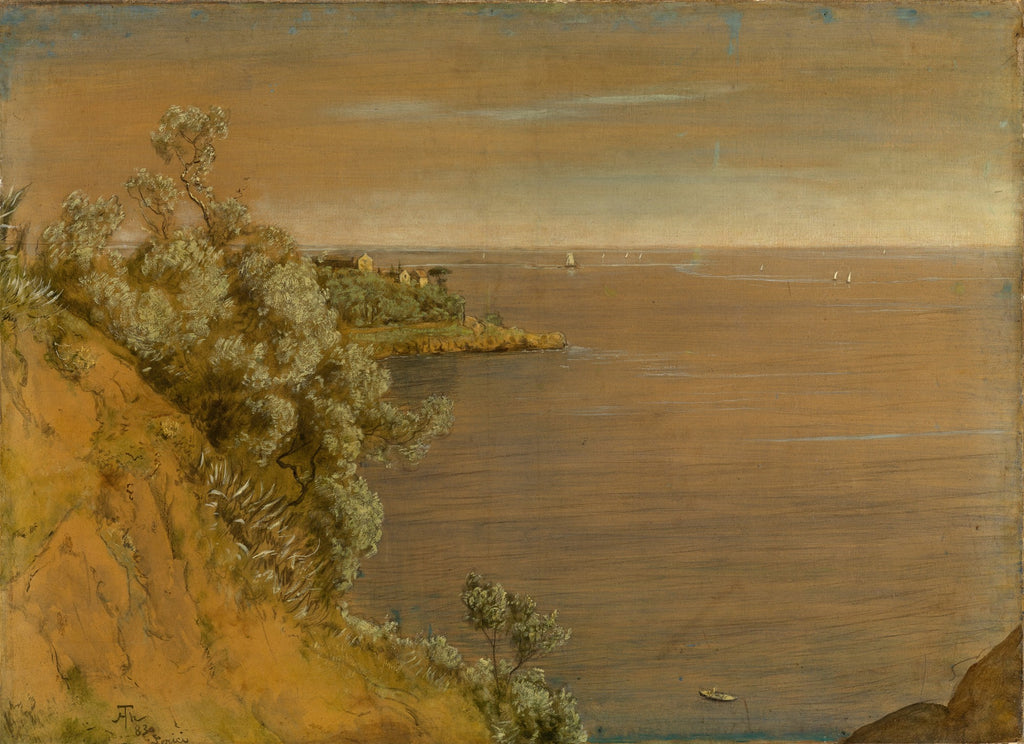 Pintura de paisagem costeira de Hans Thoma, com um penhasco rochoso e vegetação exuberante à esquerda, mar calmo com barcos à direita e um céu suave.