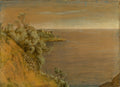 Pintura de paisagem costeira de Hans Thoma, com um penhasco rochoso e vegetação exuberante à esquerda, mar calmo com barcos à direita e um céu suave.