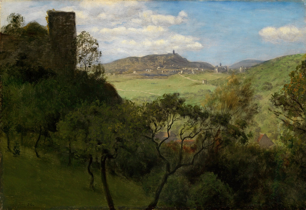 Pintura a óleo de Hans Thoma, 'Paisagem com Ruínas e Vale', mostrando colinas verdejantes, uma torre de pedra antiga à esquerda, um vale com pequenas construções e uma montanha distante sob um céu azul com nuvens brancas.
