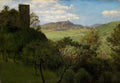 Pintura a óleo de Hans Thoma, 'Paisagem com Ruínas e Vale', mostrando colinas verdejantes, uma torre de pedra antiga à esquerda, um vale com pequenas construções e uma montanha distante sob um céu azul com nuvens brancas.