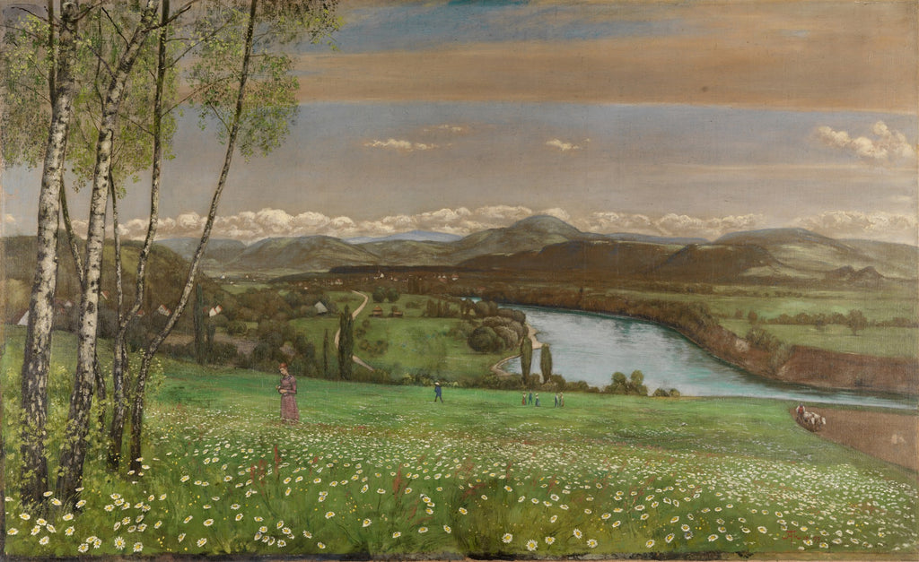 Pintura a óleo de Hans Thoma mostrando uma paisagem bucólica com bétulas, um campo de margaridas, um rio e montanhas ao fundo.