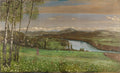 Pintura a óleo de Hans Thoma mostrando uma paisagem bucólica com bétulas, um campo de margaridas, um rio e montanhas ao fundo.