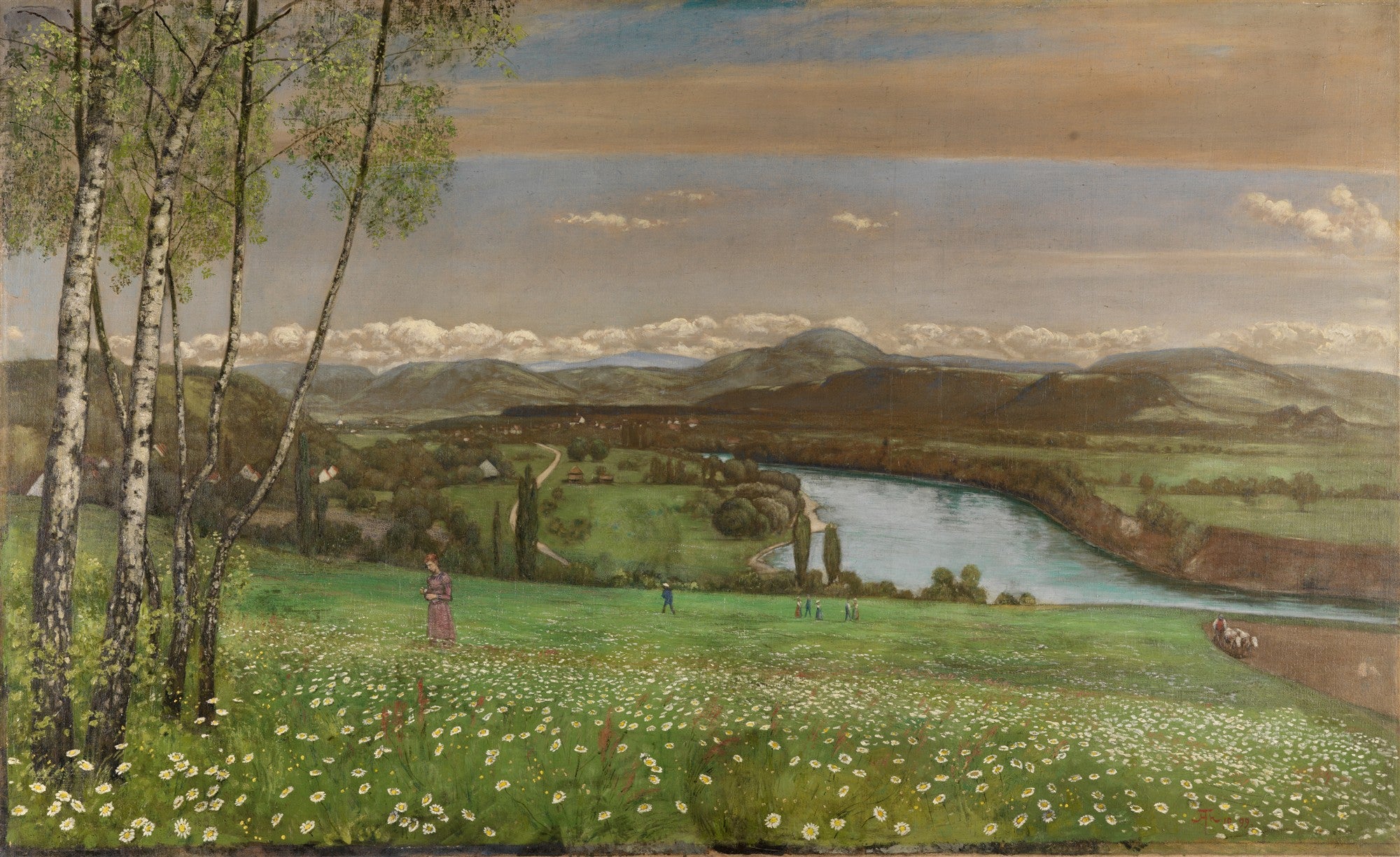 Pintura a óleo de Hans Thoma mostrando uma paisagem bucólica com bétulas, um campo de margaridas, um rio e montanhas ao fundo.