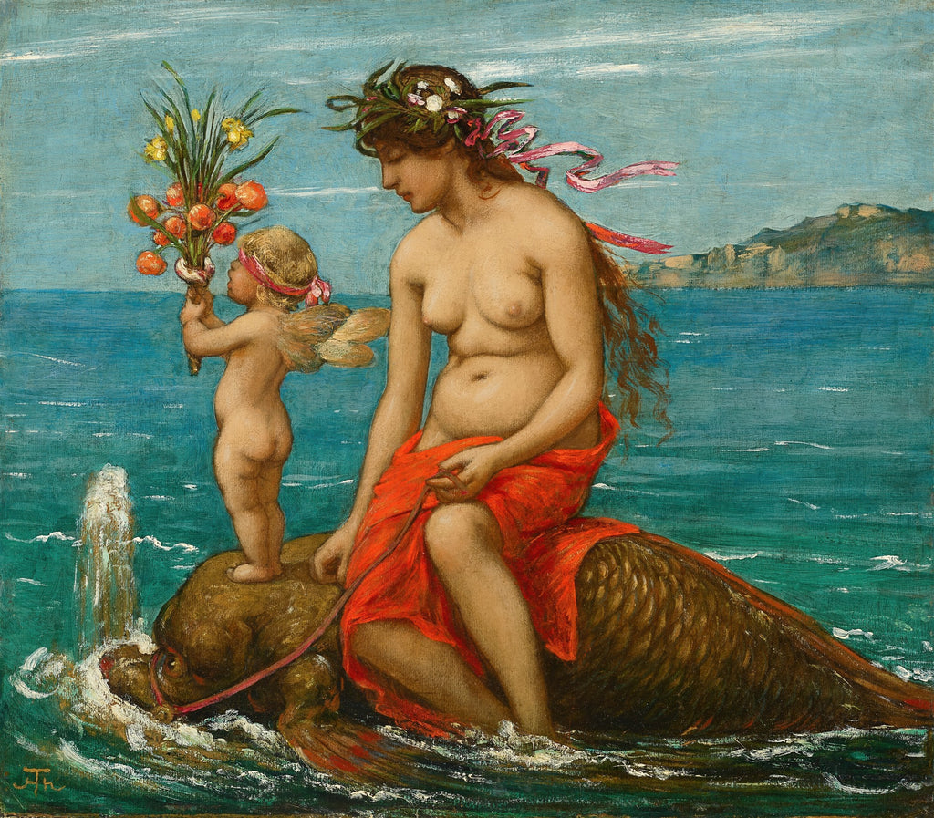 Pintura de Hans Thoma, 'A Chegada de Vênus', com uma mulher nua coroada de flores e um cupido em um monstro marinho no oceano azul.