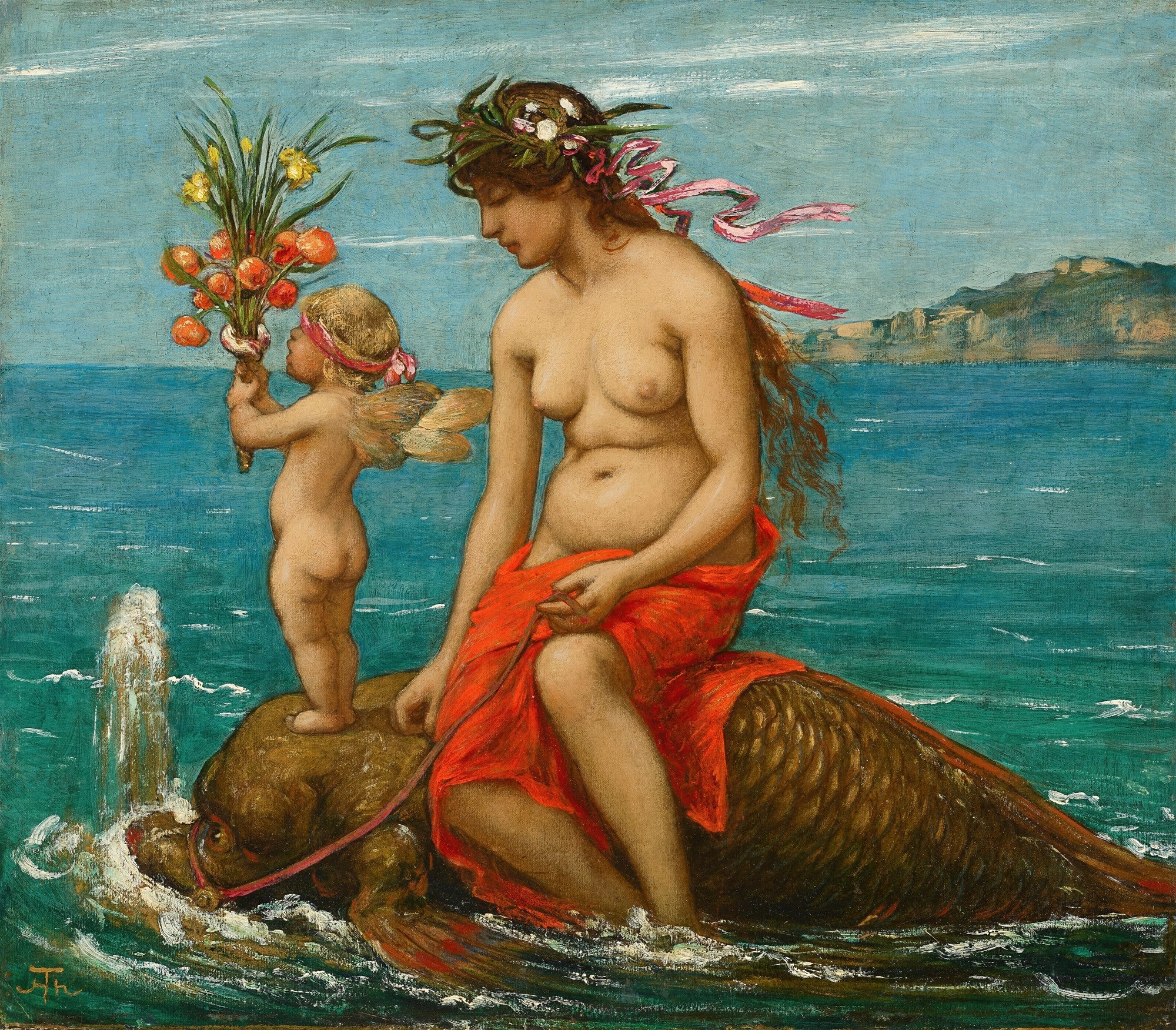 Pintura de Hans Thoma, 'A Chegada de Vênus', com uma mulher nua coroada de flores e um cupido em um monstro marinho no oceano azul.