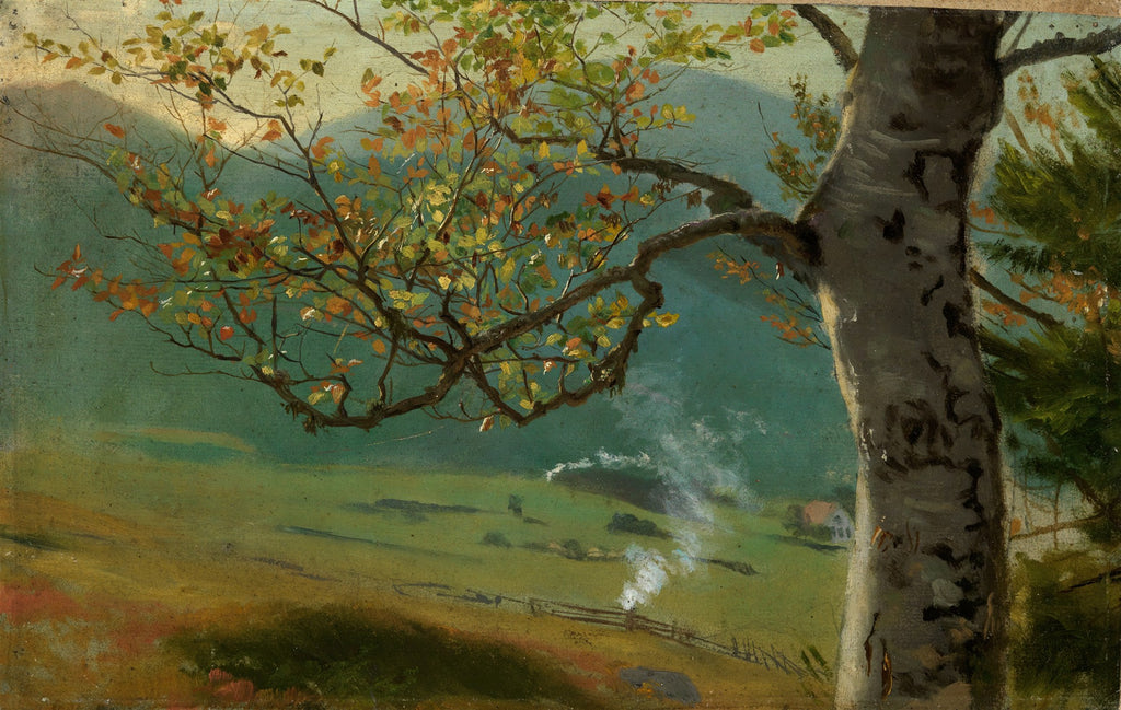 Quadro decorativo com paisagem outonal, montanhas ao fundo, vale verde com fumaça de chaminé, e árvore com folhagem em tons de laranja e verde em primeiro plano, atribuído a Hans Thoma.