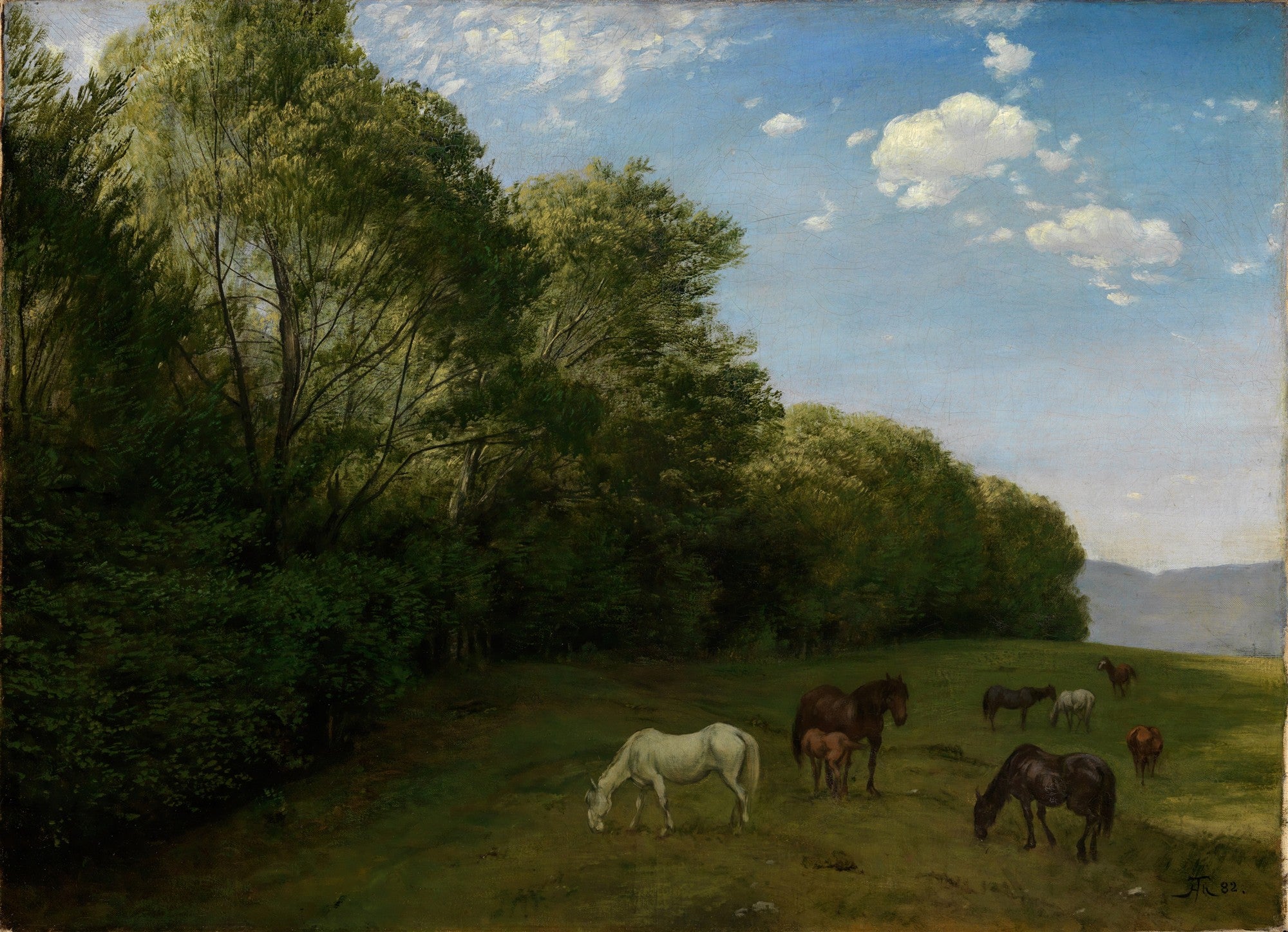 Pintura a óleo de Hans Thoma mostrando um grupo de cavalos pastando em uma vasta paisagem verdejante sob um céu azul com nuvens brancas, ladeada por uma densa floresta.