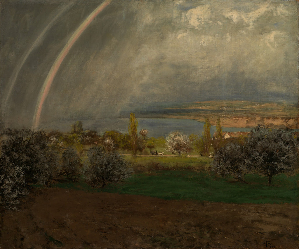 Quadro decorativo com paisagem de Hans Thoma, mostrando um arco-íris duplo sobre um lago e campos verdes com árvores, sob um céu dramático e nublado.
