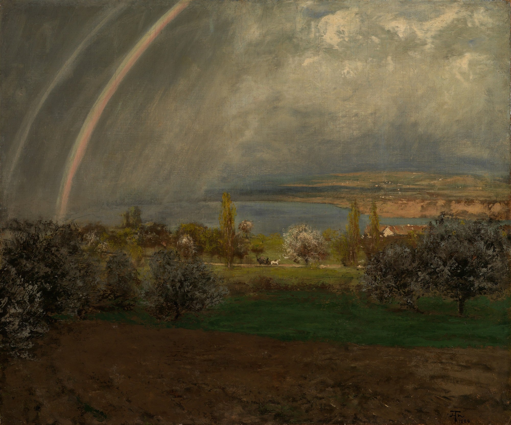 Quadro decorativo com paisagem de Hans Thoma, mostrando um arco-íris duplo sobre um lago e campos verdes com árvores, sob um céu dramático e nublado.
