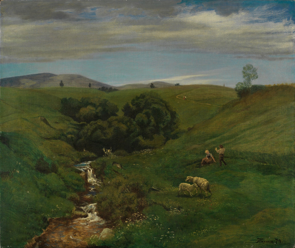 Pintura a óleo de Hans Thoma, datada de 1874, representando uma paisagem campestre com colinas verdejantes, um riacho sinuoso no primeiro plano, e duas figuras humanas com ovelhas na grama. O céu está nublado, mas a luz é suave. A assinatura 'Thoma 74' está no canto inferior direito.