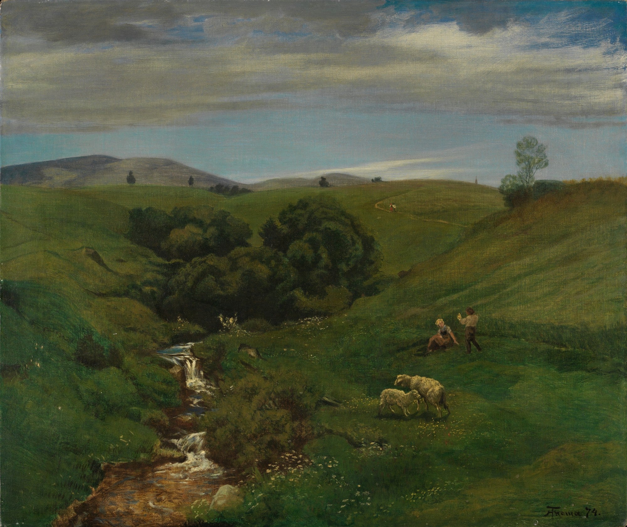 Pintura a óleo de Hans Thoma, datada de 1874, representando uma paisagem campestre com colinas verdejantes, um riacho sinuoso no primeiro plano, e duas figuras humanas com ovelhas na grama. O céu está nublado, mas a luz é suave. A assinatura 'Thoma 74' está no canto inferior direito.