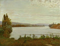 Pintura a óleo de Hans Thoma, 'Blick auf den Rhein bei Laufenburg', representando uma paisagem fluvial com um rio largo ao centro, margens verdes e montanhas ao fundo, sob um céu nublado. Uma cerca rústica de madeira aparece em primeiro plano, à direita.