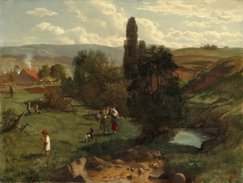 Quadro decorativo mostrando uma paisagem rural verdejante com crianças e um riacho, obra de Hans Thoma.