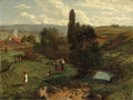 Quadro decorativo mostrando uma paisagem rural verdejante com crianças e um riacho, obra de Hans Thoma.