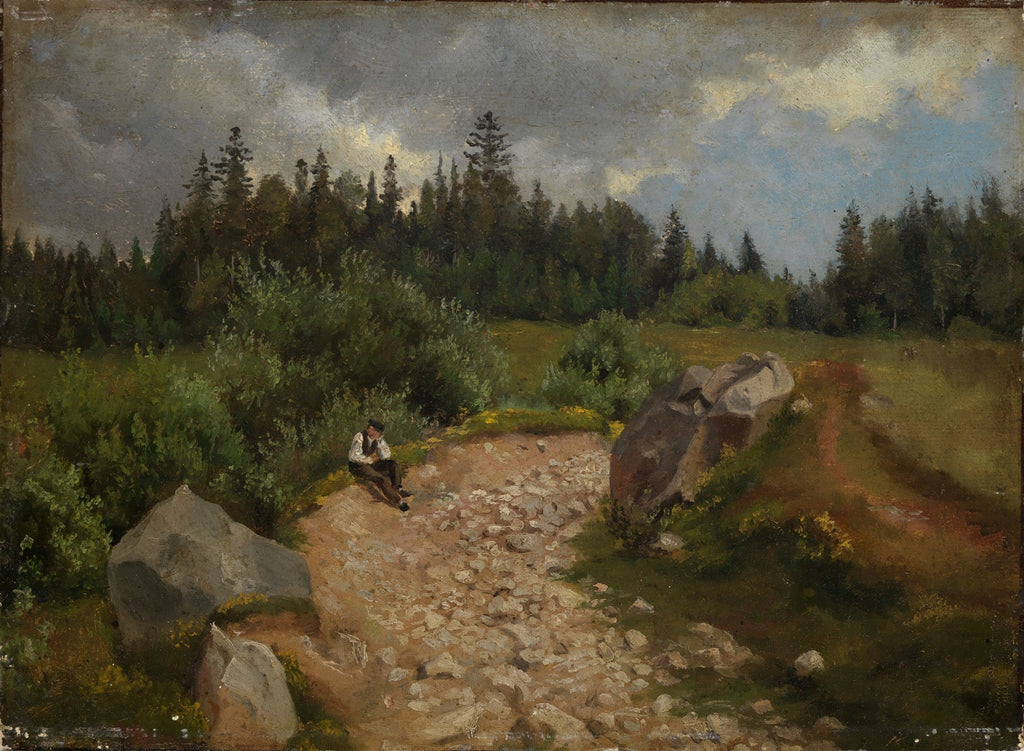Pintura a óleo de Hans Thoma, representando um homem sentado em um caminho de terra com pedras, cercado por vegetação densa e pinheiros, sob um céu nublado. A cena é uma paisagem rural com foco na figura humana e na natureza.
