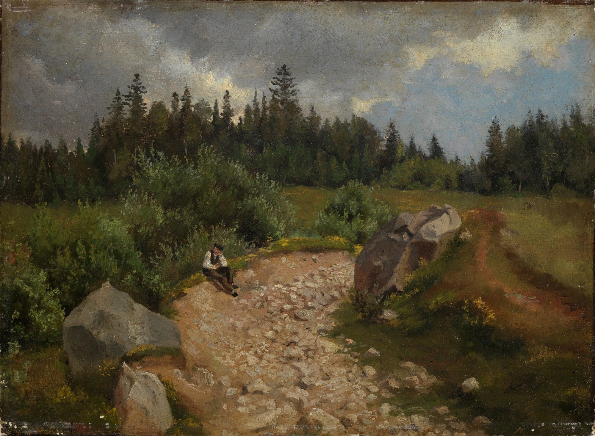 Pintura a óleo de Hans Thoma, representando um homem sentado em um caminho de terra com pedras, cercado por vegetação densa e pinheiros, sob um céu nublado. A cena é uma paisagem rural com foco na figura humana e na natureza.