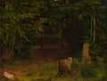 Quadro decorativo de uma floresta densa e escura, com árvores altas e folhagem exuberante, troncos de árvores cortados em primeiro plano e um caminho sutil ao fundo. Predominam tons de verde escuro e marrom.