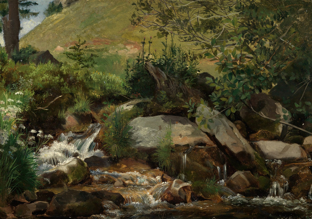 Quadro decorativo mostrando um córrego na floresta, com água fluindo sobre rochas e vegetação densa ao redor, em tons de verde e marrom, atribuído a Hans Thoma.