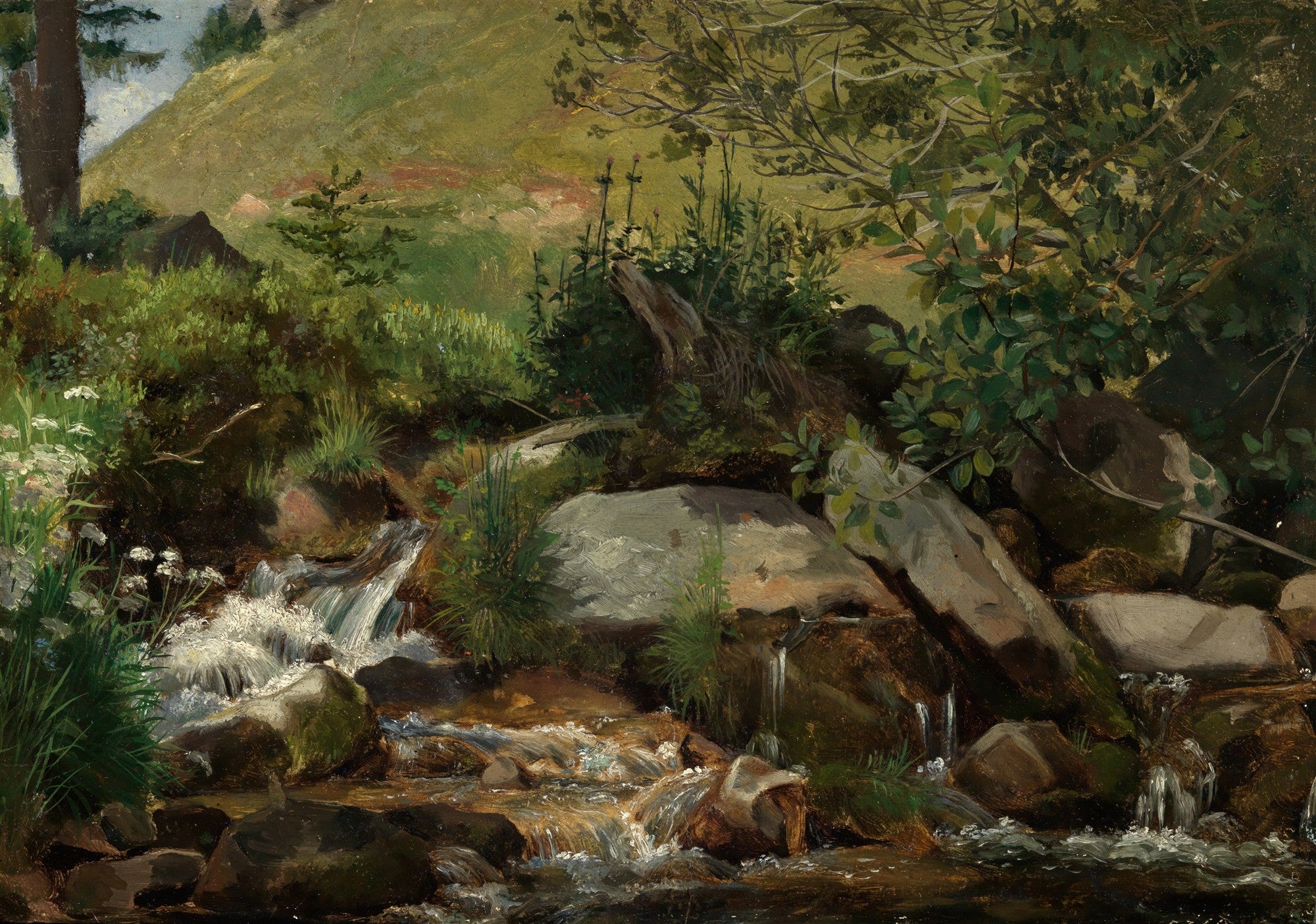 Quadro decorativo mostrando um córrego na floresta, com água fluindo sobre rochas e vegetação densa ao redor, em tons de verde e marrom, atribuído a Hans Thoma.