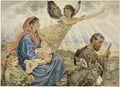 Quadro decorativo 'A Fuga para o Egito' de Hans Thoma, representando a Sagrada Família em sua jornada, com um anjo protetor voando acima deles e um burro ao lado de José. A cena é uma aquarela em tons suaves e paisagem montanhosa ao fundo.