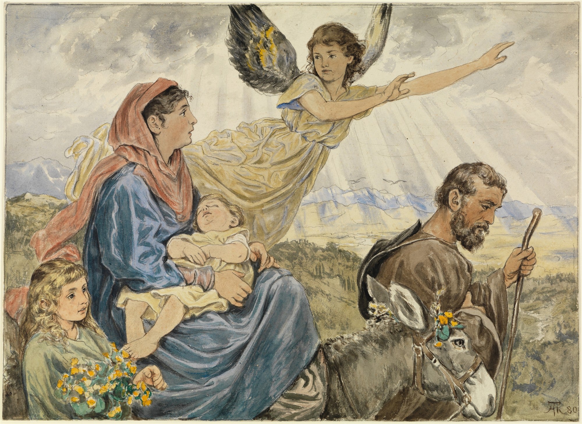 Quadro decorativo 'A Fuga para o Egito' de Hans Thoma, representando a Sagrada Família em sua jornada, com um anjo protetor voando acima deles e um burro ao lado de José. A cena é uma aquarela em tons suaves e paisagem montanhosa ao fundo.