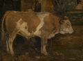 Quadro decorativo representando uma vaca marrom e branca, com uma coleira, vista de perfil em um ambiente escuro e terroso, atribuída a Hans Thoma.