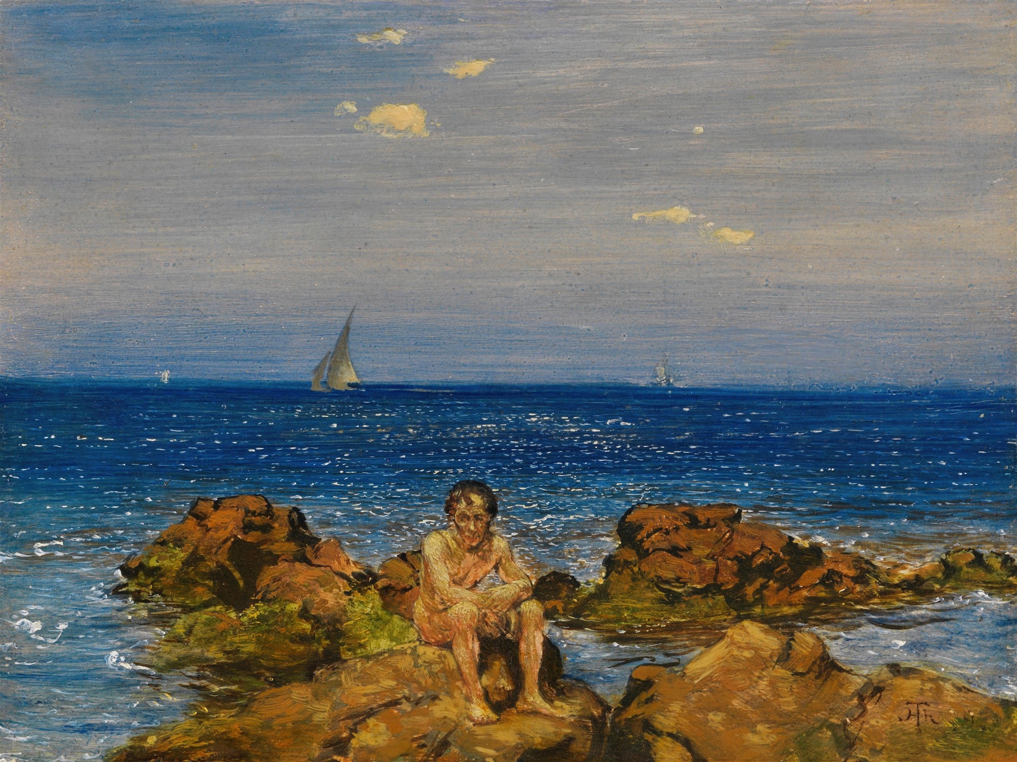 Pintura a óleo de Hans Thoma, retratando um jovem sentado em rochas à beira-mar, com um mar azul e um veleiro ao fundo, sob um céu claro.