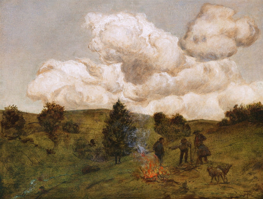 Pintura de Hans Thoma, um quadro decorativo de paisagem campestre com três figuras ao redor de uma fogueira e um rebanho, sob um céu dramático com grandes nuvens.