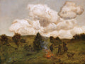 Pintura de Hans Thoma, um quadro decorativo de paisagem campestre com três figuras ao redor de uma fogueira e um rebanho, sob um céu dramático com grandes nuvens.