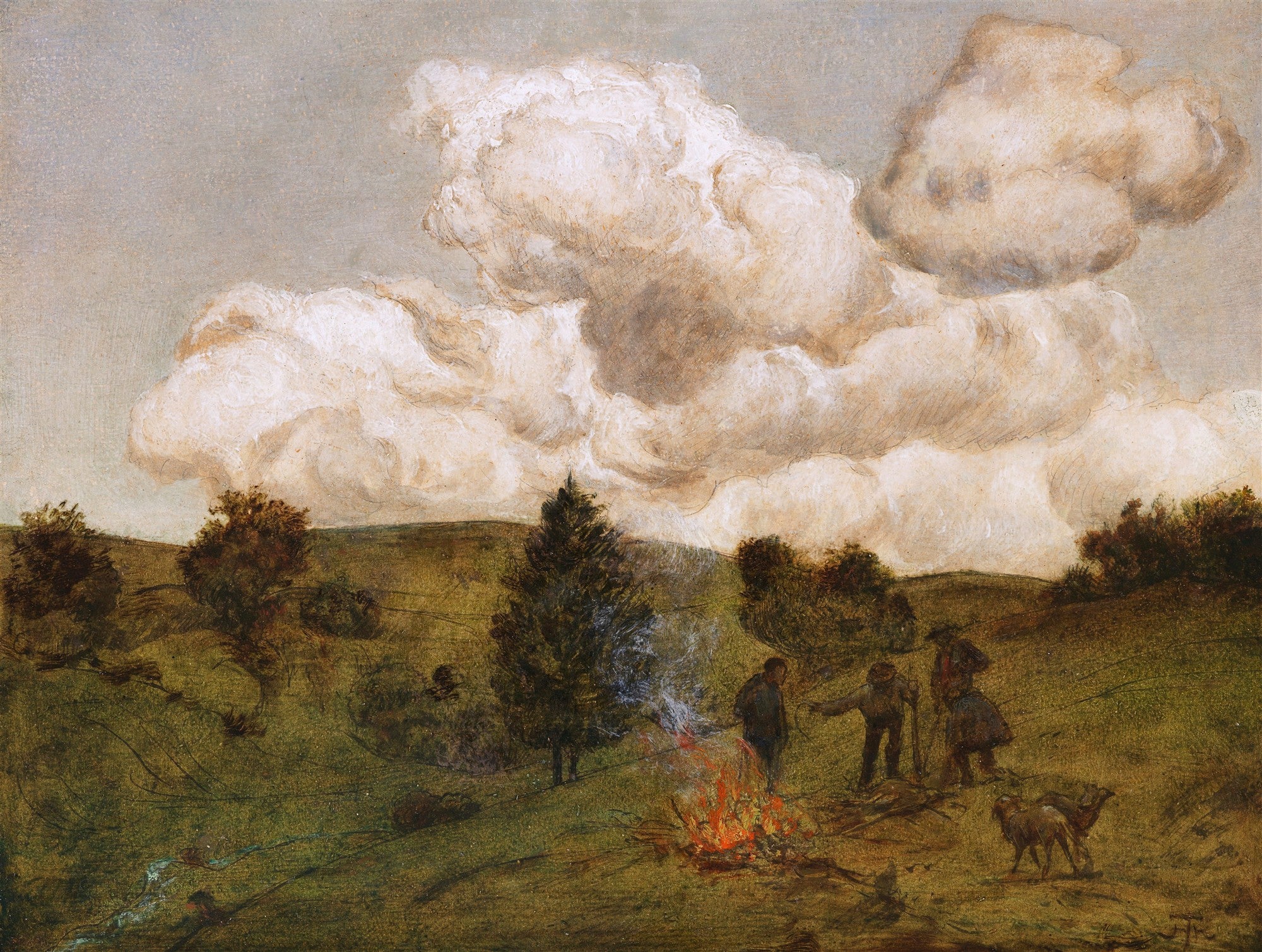 Pintura de Hans Thoma, um quadro decorativo de paisagem campestre com três figuras ao redor de uma fogueira e um rebanho, sob um céu dramático com grandes nuvens.